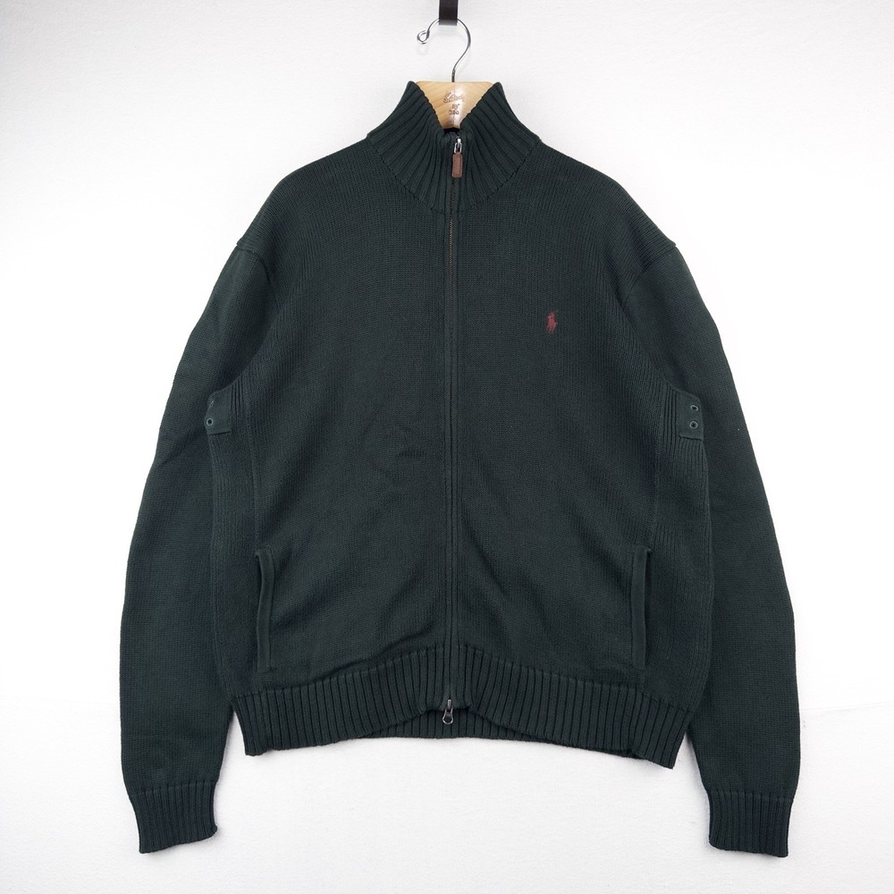 90's Vtg Polo Ralph Lauren Heavy Knit Zip Sweater Jacket Men's L Hunter Green